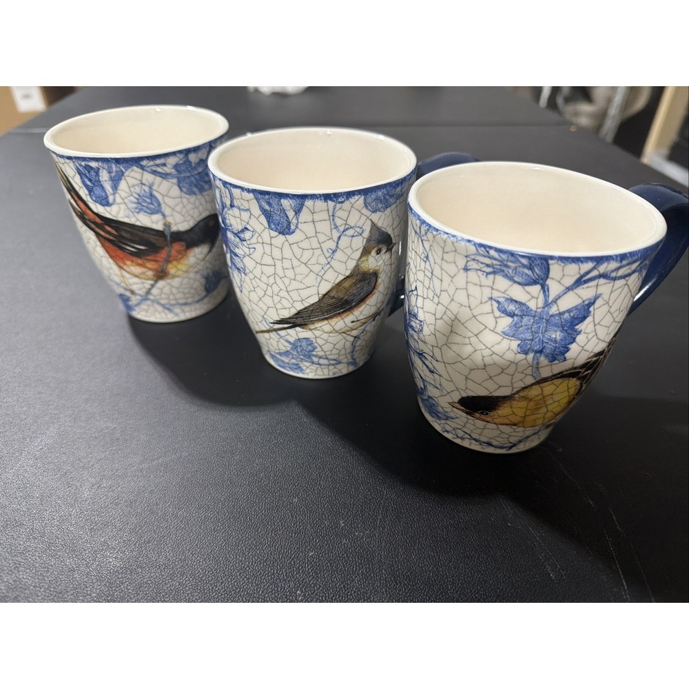 Cracker Barrel Susan Winget Bird Stoneware Mugs Blue White Floral Set of 3
